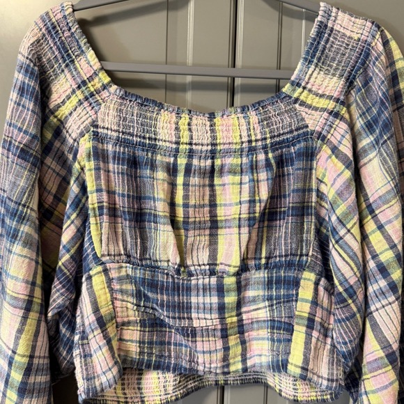 Free People Marlena Plaid‎ Balloon Long Sleeve Smocked Crop Top, Multi,M - Picture 9 of 13